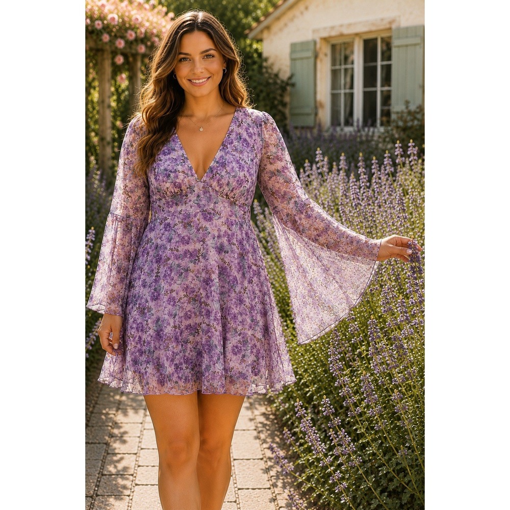 Double Crazy XL Lavender Floral Chiffon Dress Bell Sleeve Boho Cottagecore SS04
